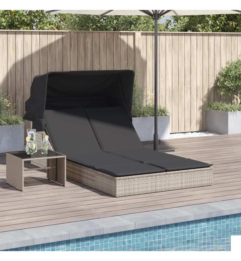 vidaXL Chaise longue double avec auvent et coussins gris clair rotin