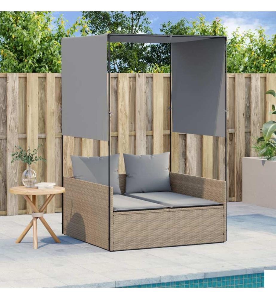 vidaXL Chaise longue double avec toit et rideaux beige résine tressée