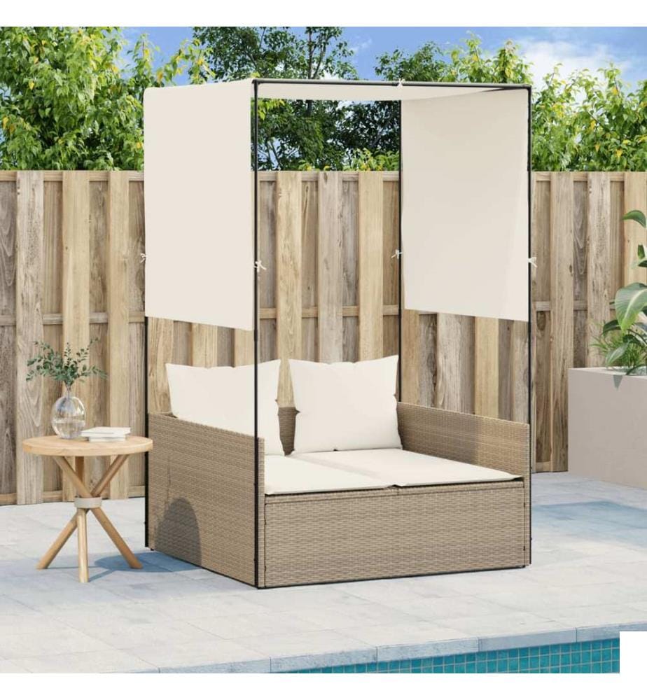 vidaXL Chaise longue double avec toit et rideaux beige résine tressée