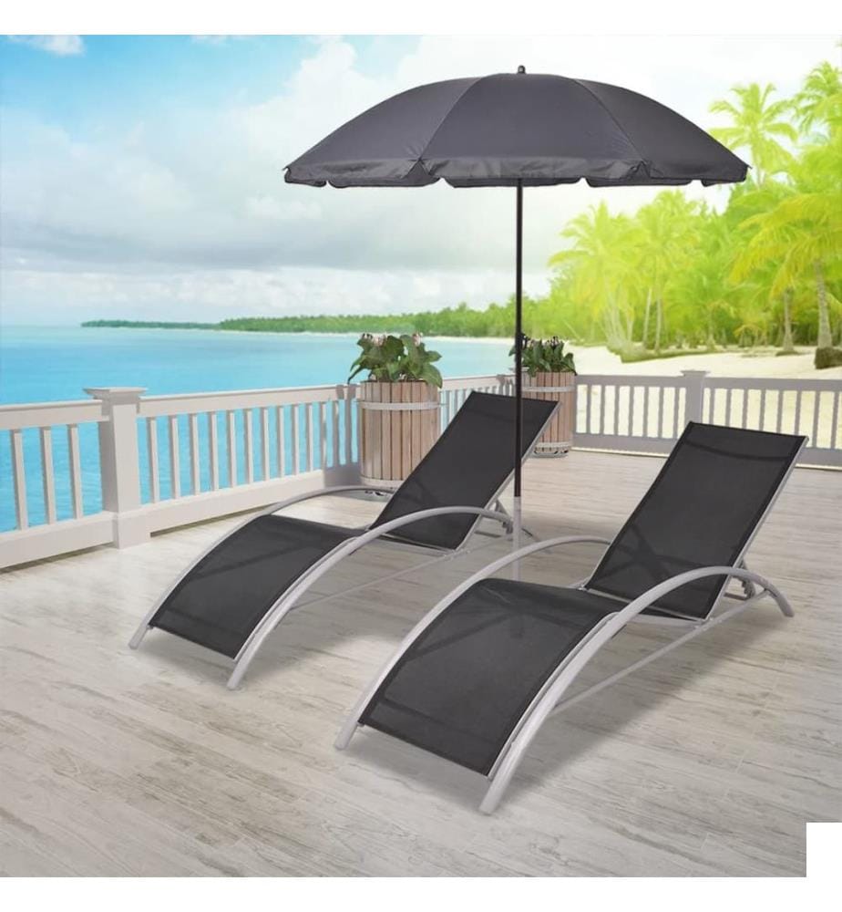 vidaXL Chaises longues et parasol Aluminium Noir