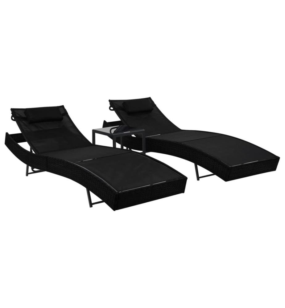 vidaXL Chaise longue 2 pcs et table Résine tressée et textilène Noir