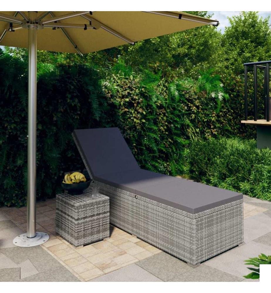 vidaXL Chaise longue avec coussin et table à thé Résine tressée Gris