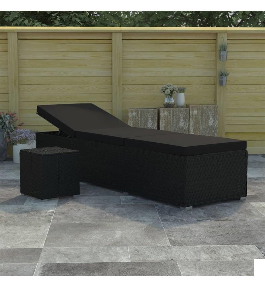 vidaXL Chaise longue avec coussin et table à thé Résine tressée Noir