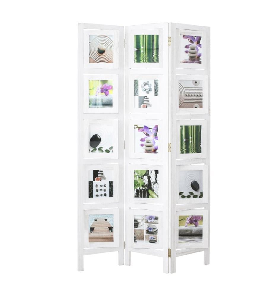 Paravent Séparation de pièce 3 pièces en bois avec 15 cadres photo Blanc