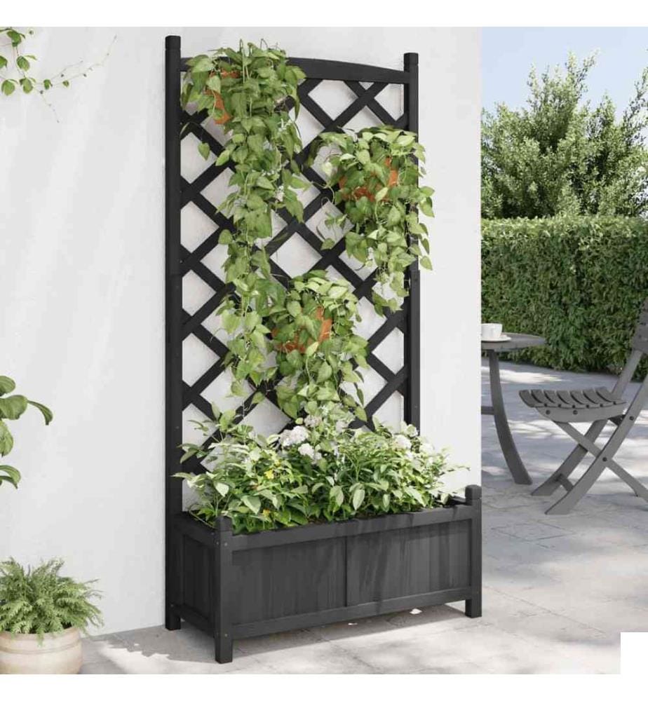 Jardinière avec treillis noir bois massif de sapin