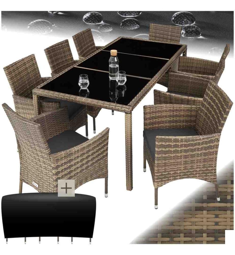 Salon de jardin 8 places avec housse de protection - marron naturelgris foncé