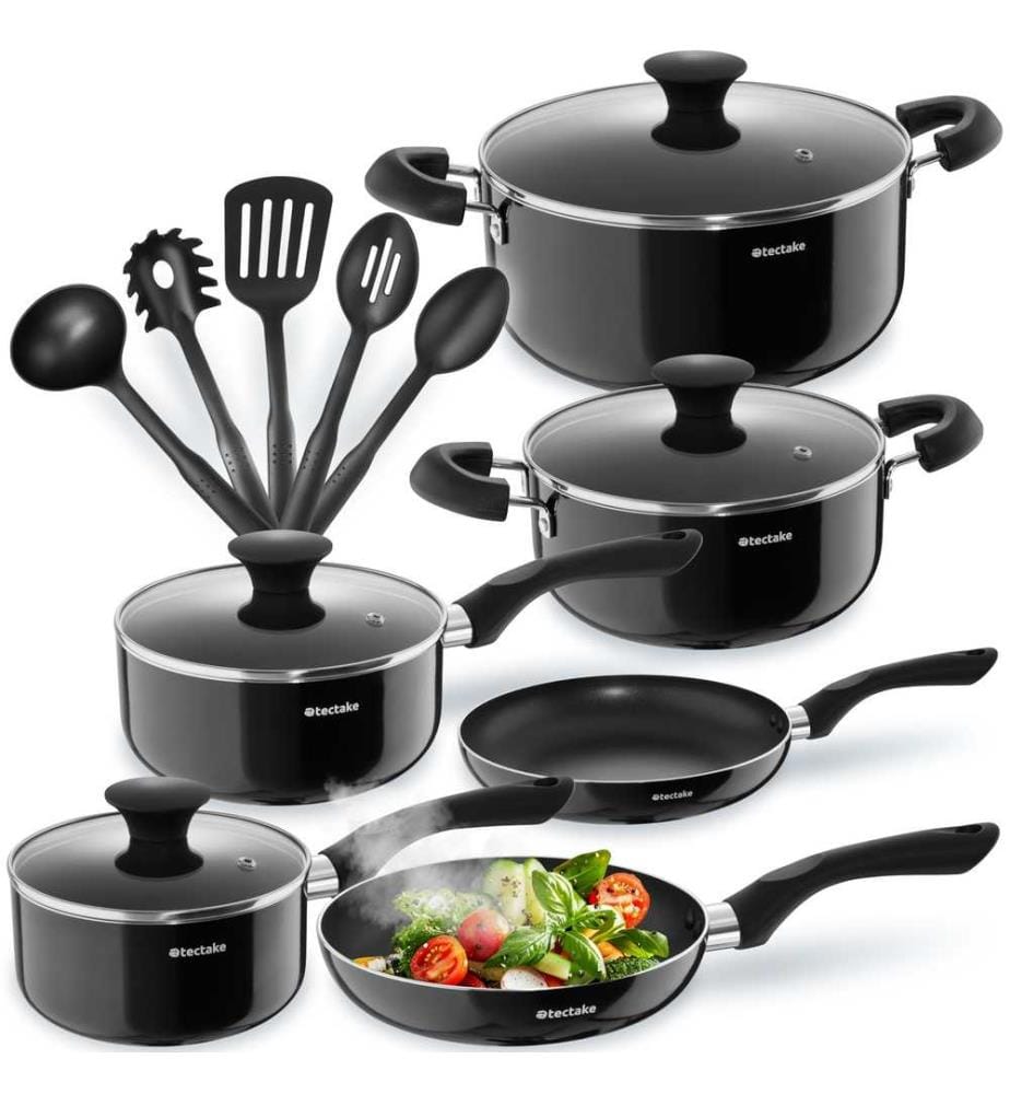 Batterie de cuisine Varese, aluminium avec couvercles en verre, 15 pièces - noir