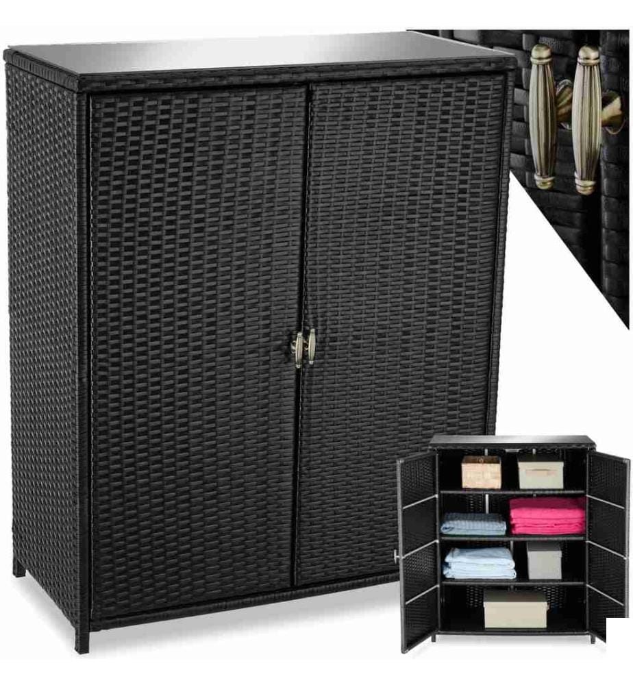 Armoire de jardin en rotin Monza, cadre en aluminium, 4 compartiments - noir