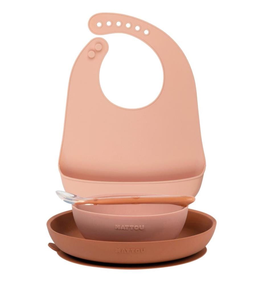 SILICONE Set de vaisselle avec bavoir rose