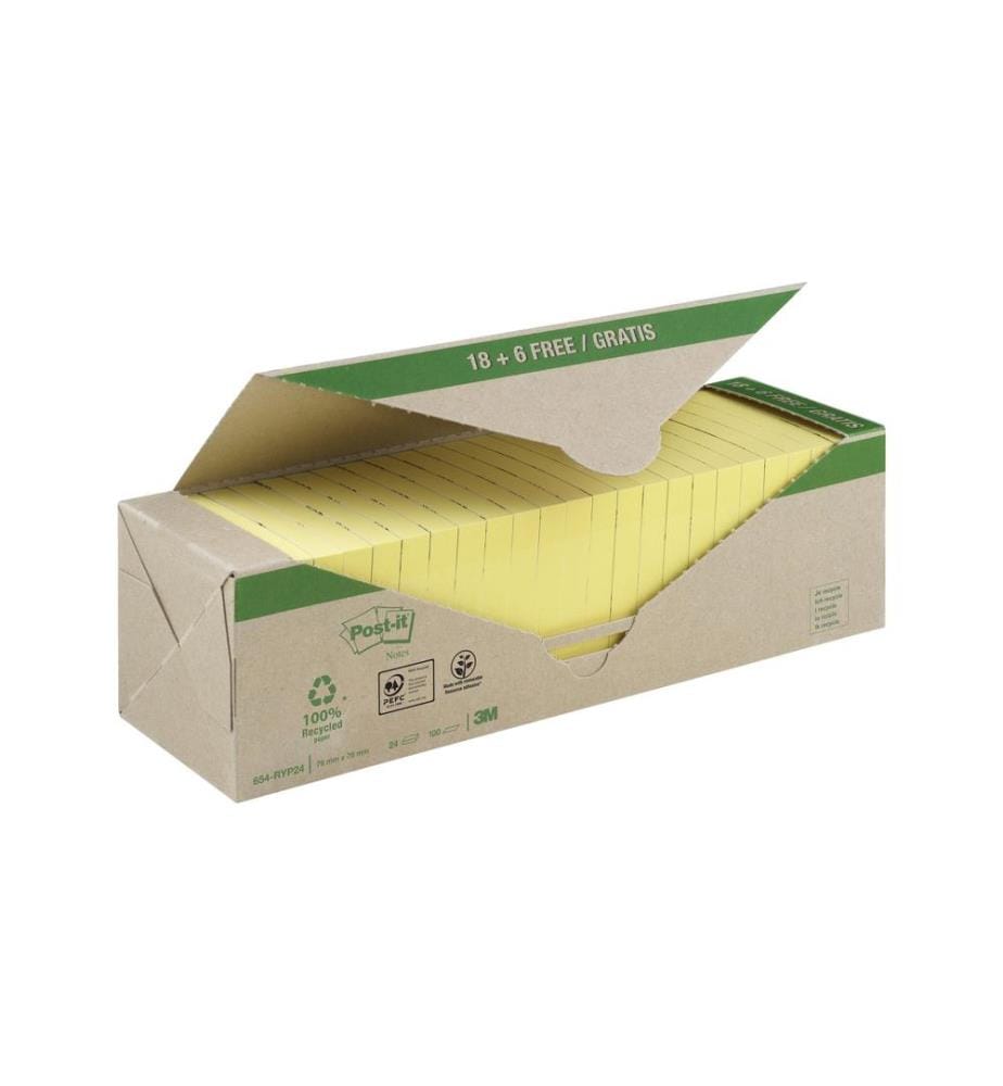 POST-IT - Fiche de bloc-notes POST-IT - Recycling Jaune, 7,6 cm x 7,6 cm