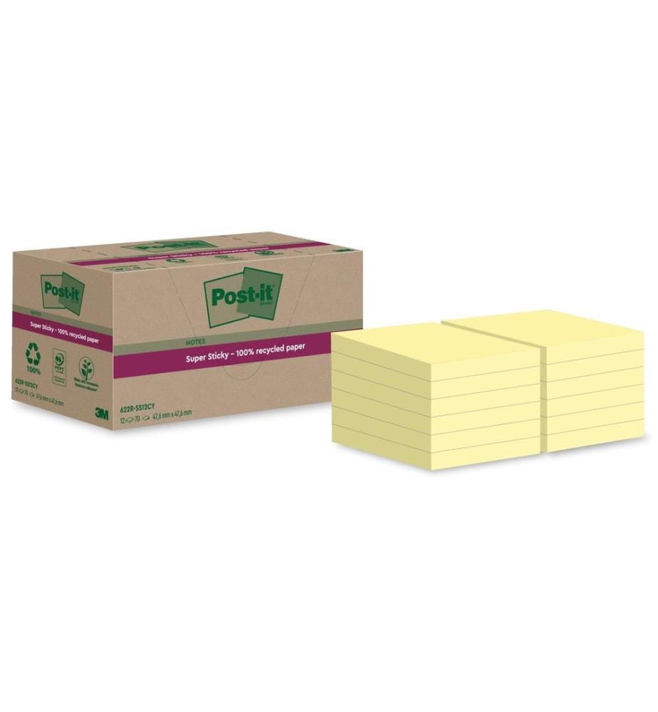 POST-IT - Fiche de bloc-notes Super Sticky Recycling, Jaune, 12 blocs