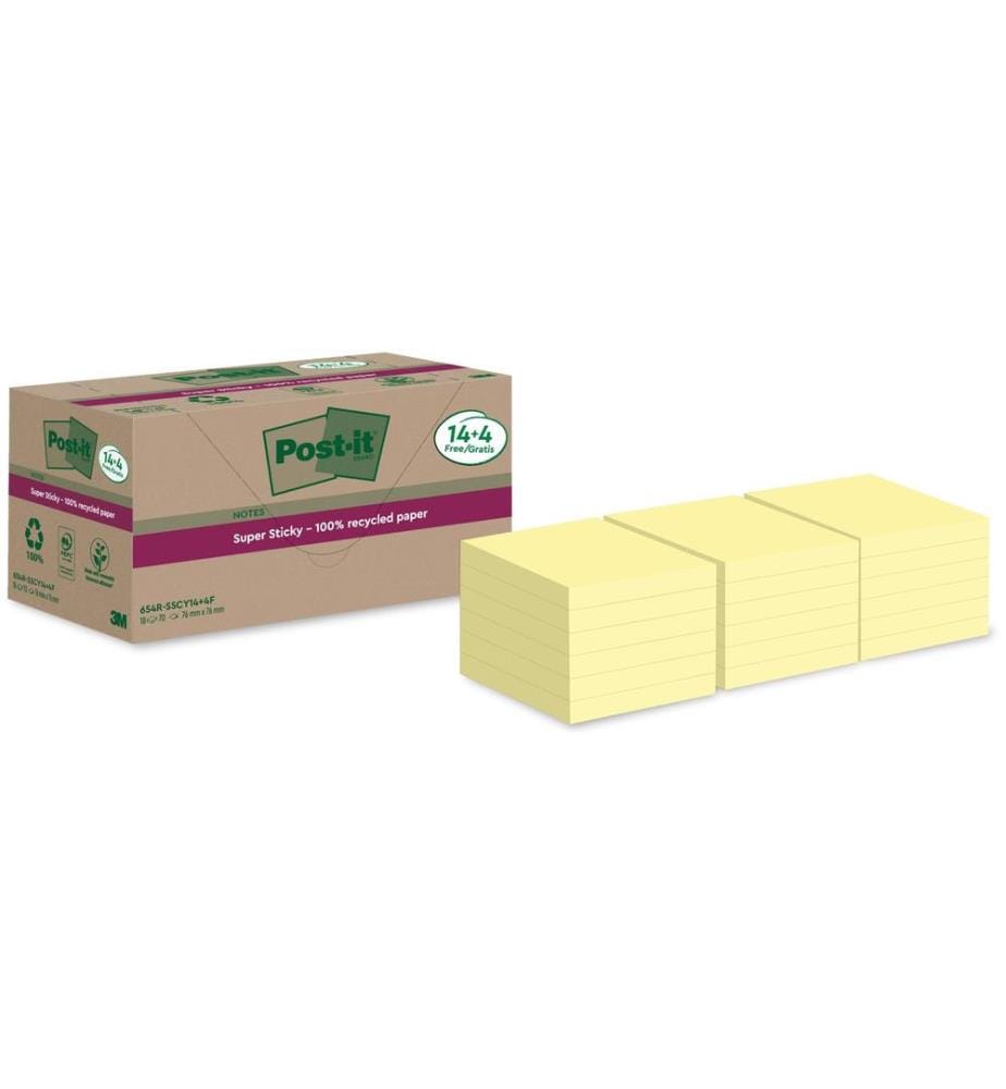 POST-IT - Fiche de bloc-notes Super Sticky Recycling, Jaune, 18 blocs