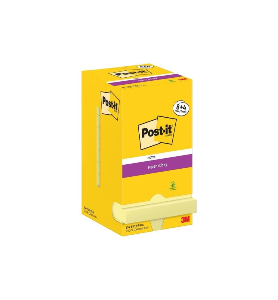 POST-IT - Fiche de bloc-notes Super Sticky 76 x 76 mm, Jaune, 12 blocs