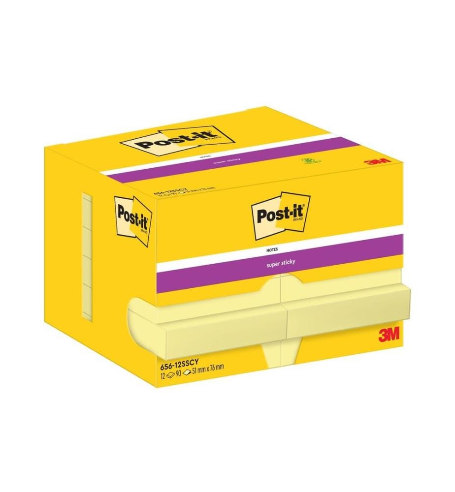 POST-IT - Fiche de bloc-notes Super Sticky 76 x 51 mm, Jaune, 12 blocs