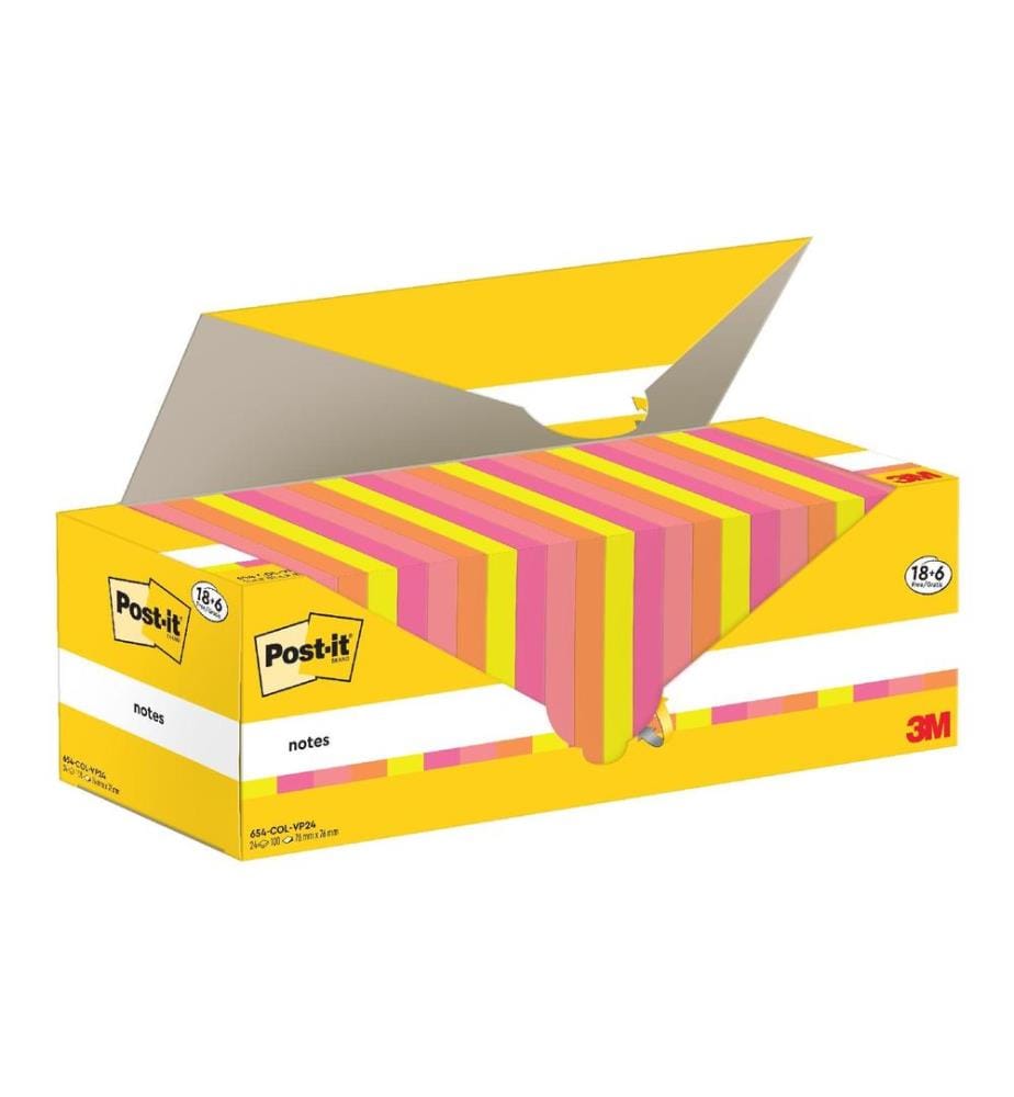 POST-IT - Fiche de bloc-notes 3M, 76 x 76 mm, 18+6 blocs, multicolore