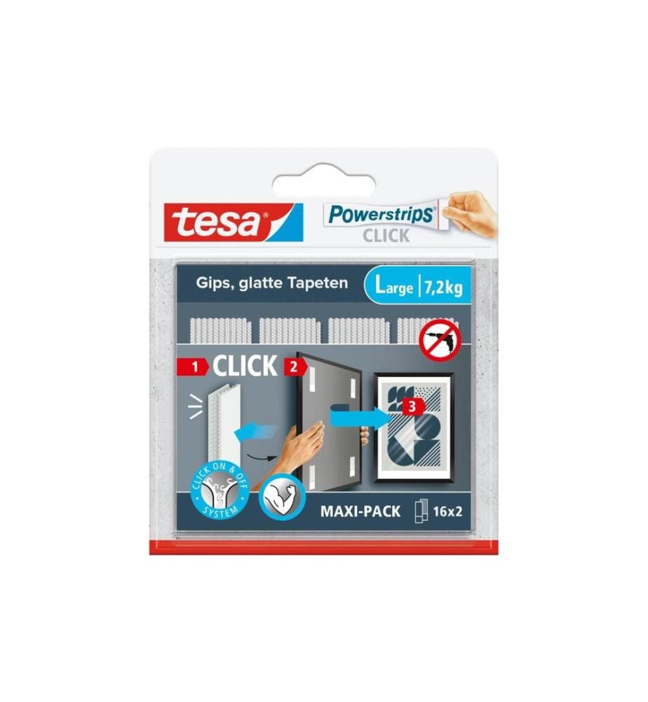 TESA - Striscia di montaggio Powerstrips CLICK Large - 16 x 2 Pièces, 7.2 kg