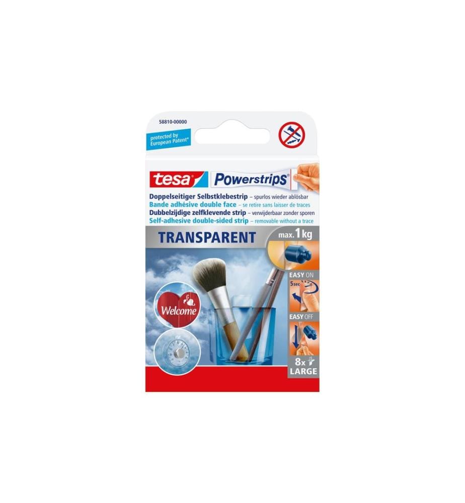 TESA - Bande adhésive Powerstrips Grandes pièces transparentes de 8 pièces