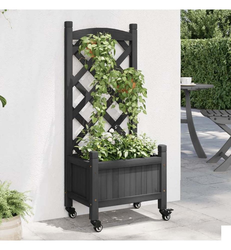 Jardinière avec treillis et roues gris bois massif de sapin