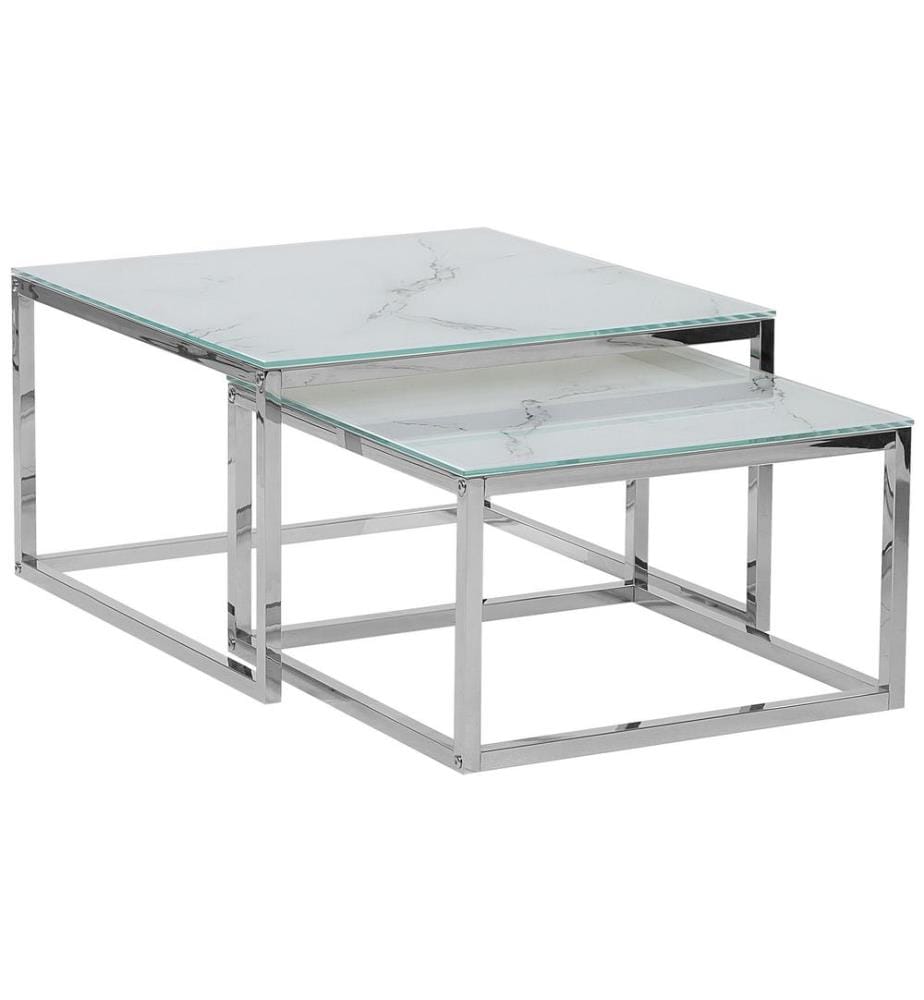 Lot de 2 tables basses BREA Verre de sécurité Marbre blanc