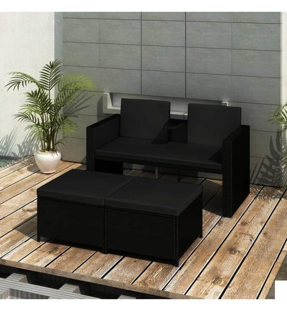 Salon de jardin 3 pcs avec coussins Résine tressée Noir