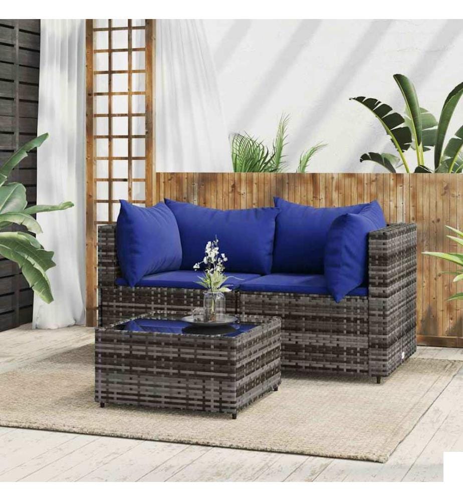 Salon de jardin 3 pcs avec coussins Gris Résine tressée