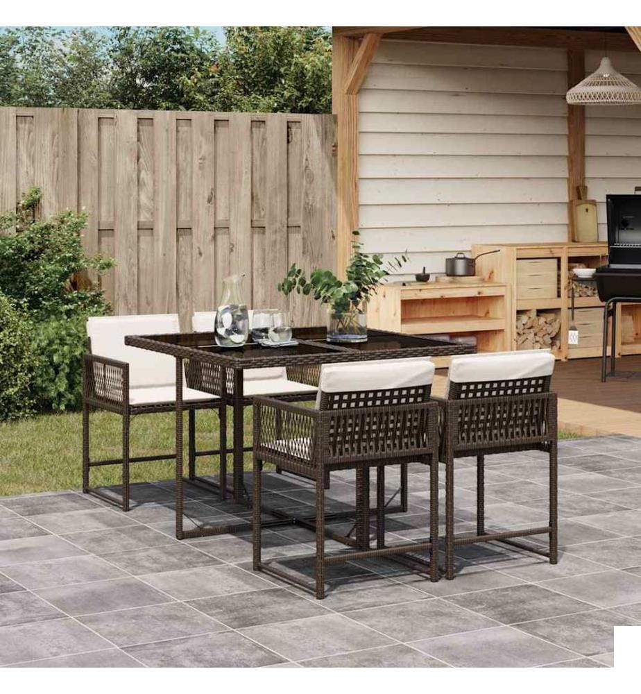 Ensemble à manger de jardin 5 pcs et coussins marron poly rotin