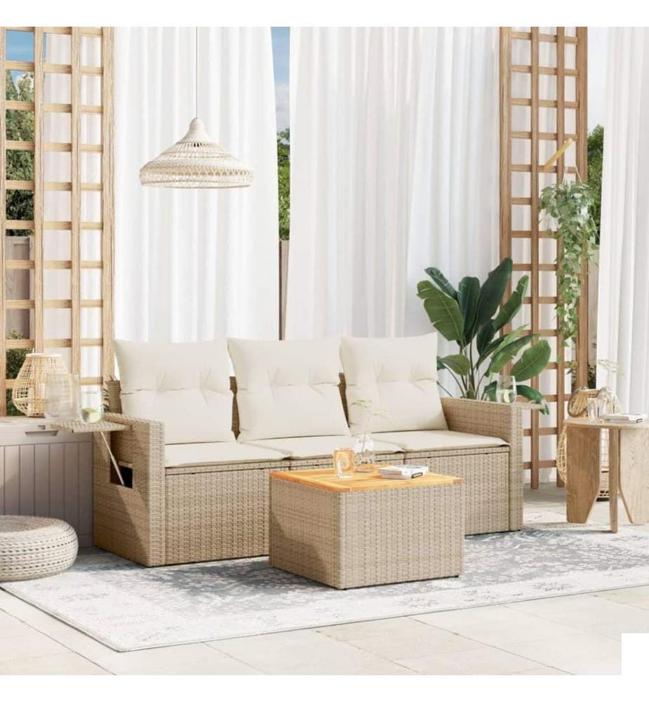 Salon de jardin avec coussins 4 pcs beige résine tressée