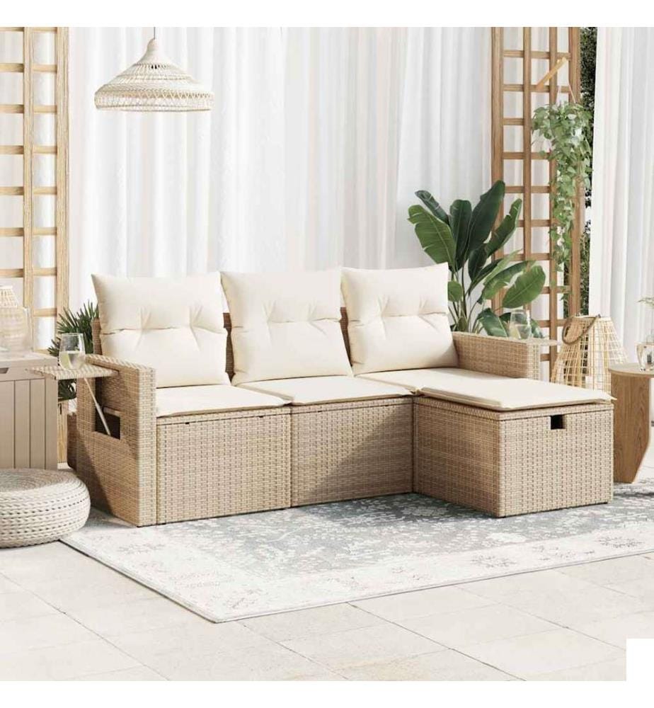 Salon de jardin avec coussins 4 pcs beige résine tressée