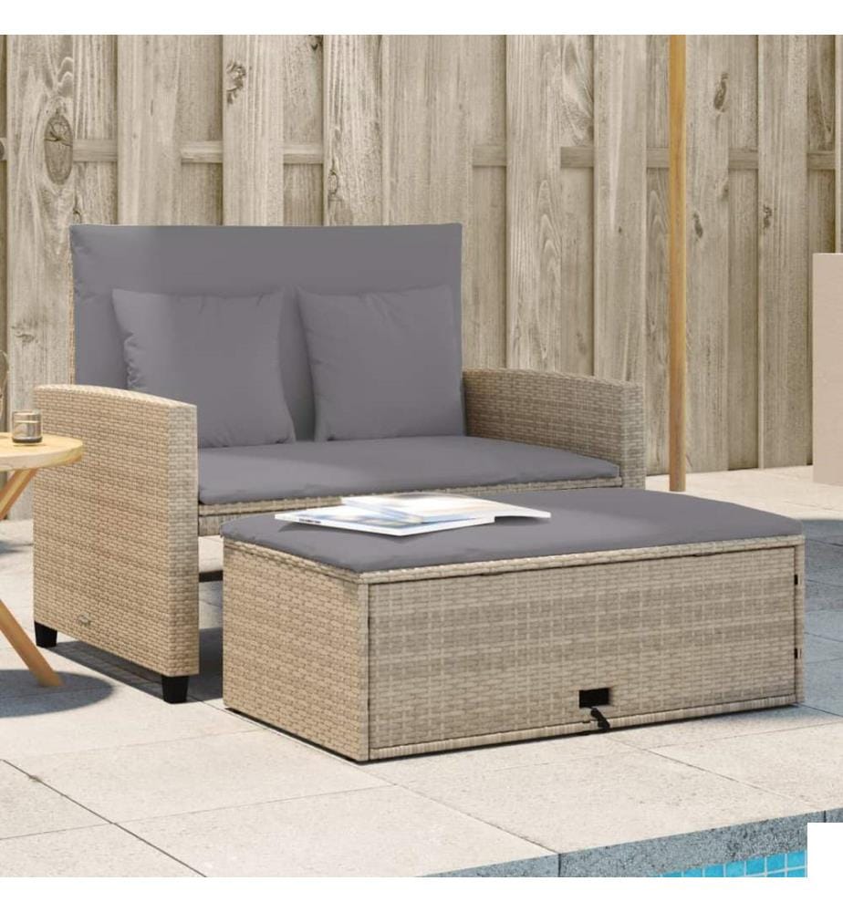 Canapé de jardin avec coussins 2 places beige résine tressée