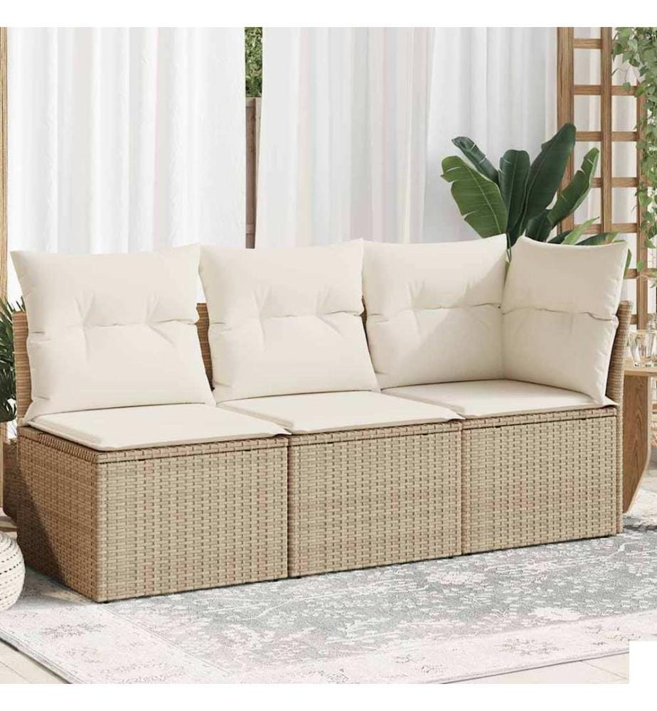 Canapé de jardin avec coussins 3 places beige résine tressée
