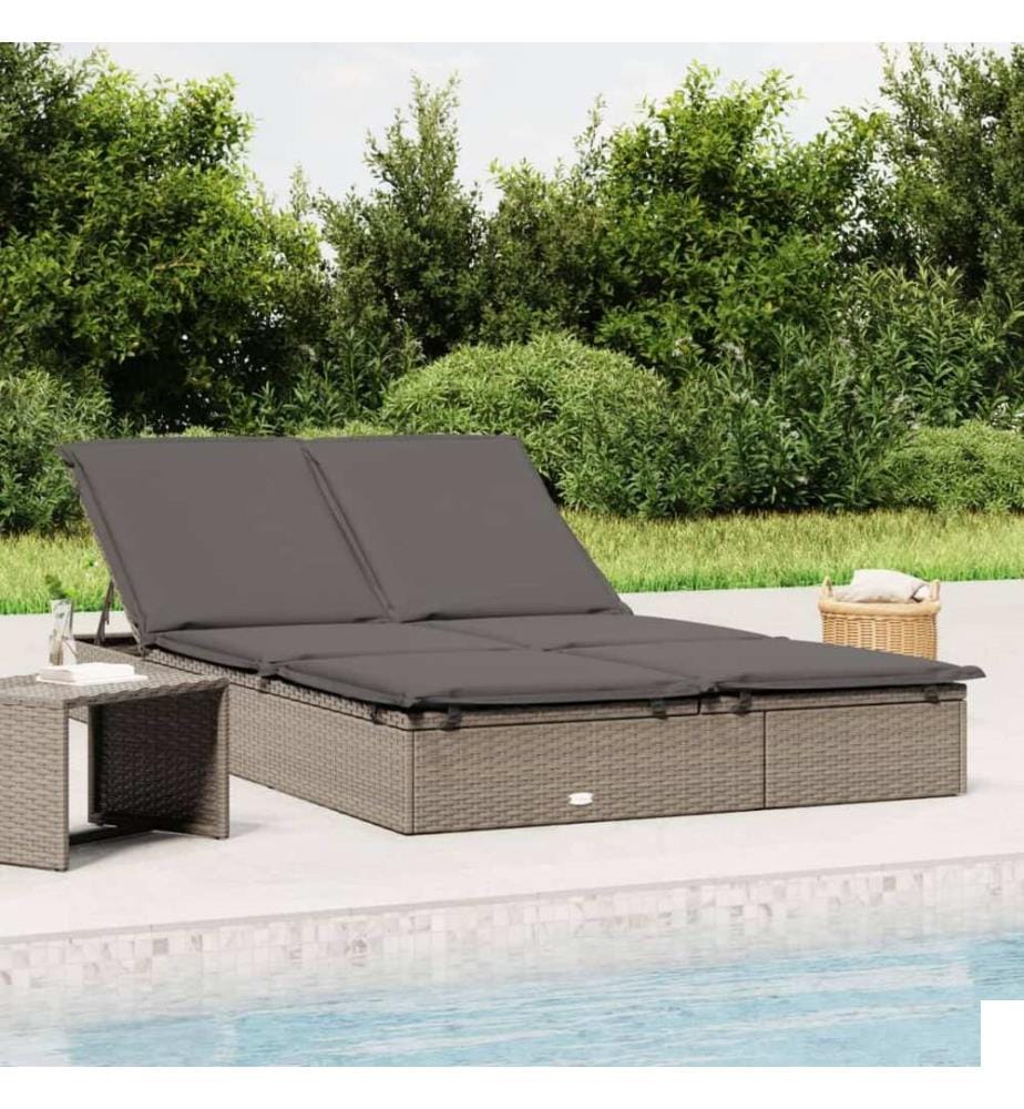 Chaise longue à 2 places avec coussins gris résine tressée