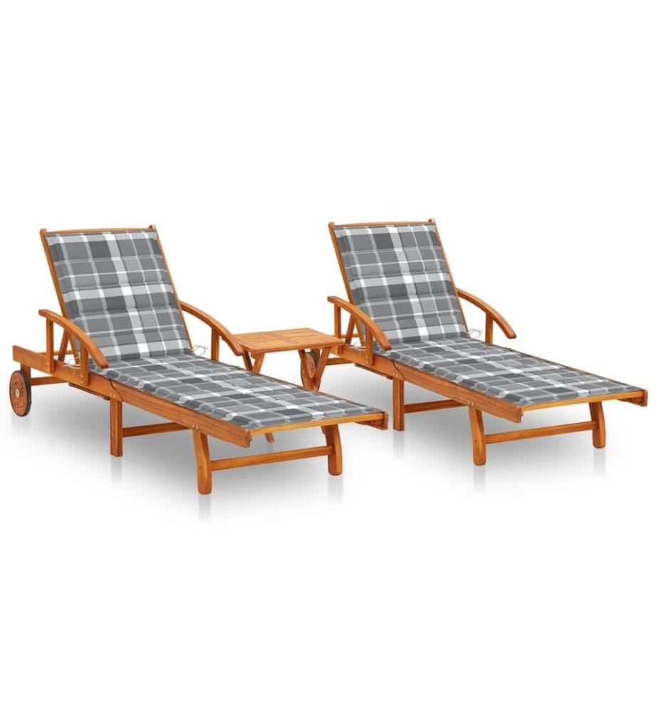 Chaises longues lot de 2 avec table et coussins Acacia solide