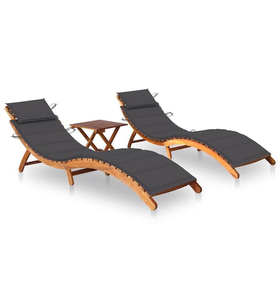 Chaises longues lot de 2 avec table et coussins Acacia solide