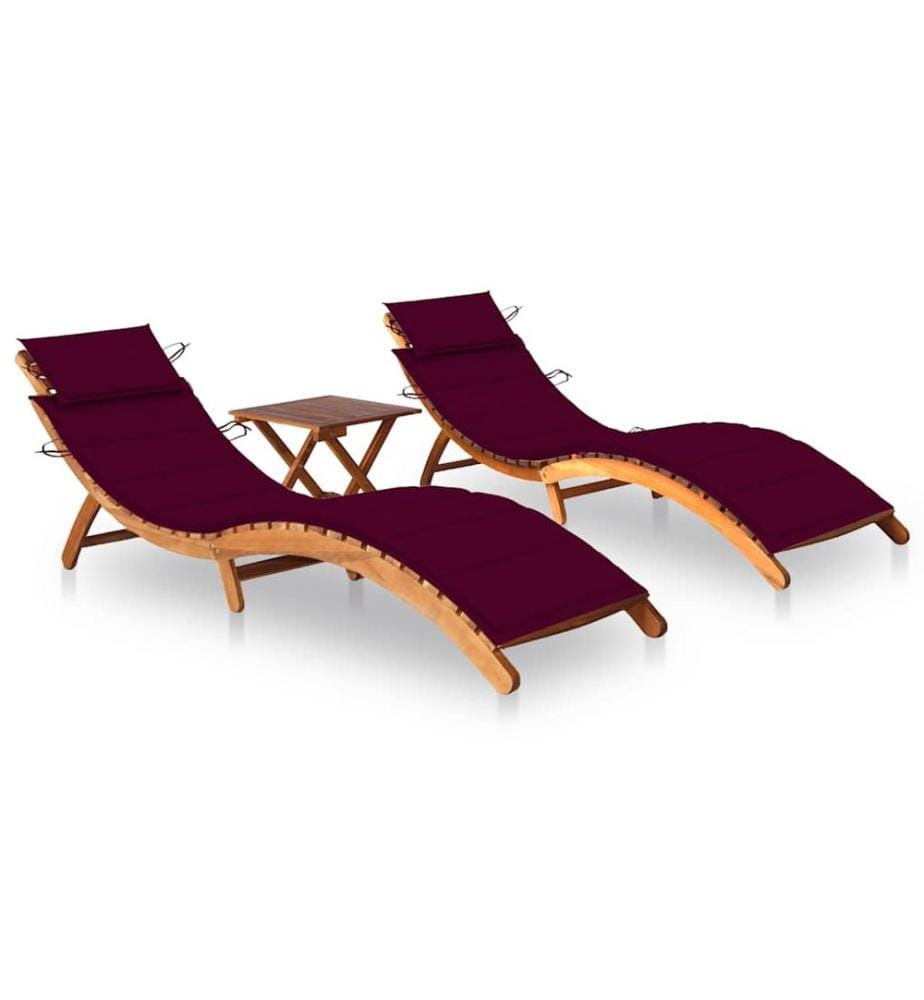 Chaises longues lot de 2 avec table et coussins Acacia solide
