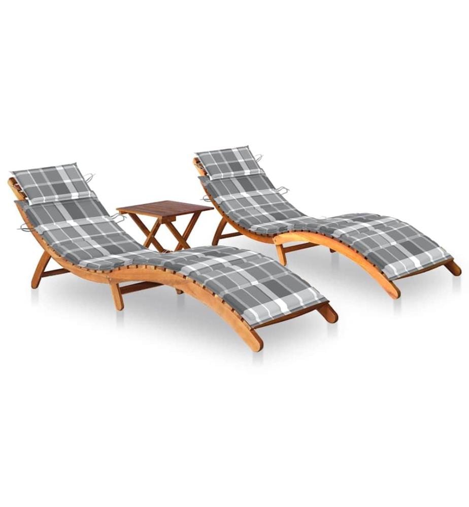 Chaises longues lot de 2 avec table et coussins Acacia solide