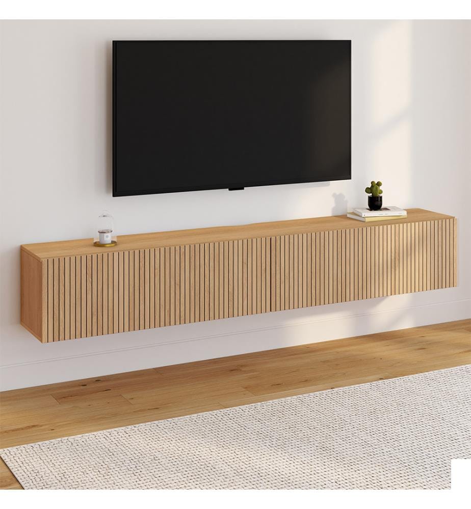 Meuble TV suspendu Faustine effet lattes L180cm - Brun