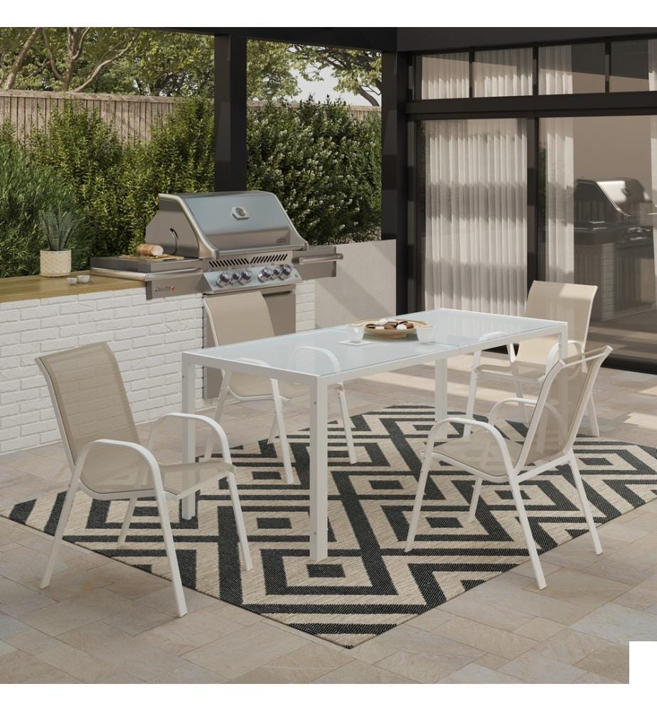 Lot de 4 Chaises de Jardin Empilables en Textilène - Blanc et Beige