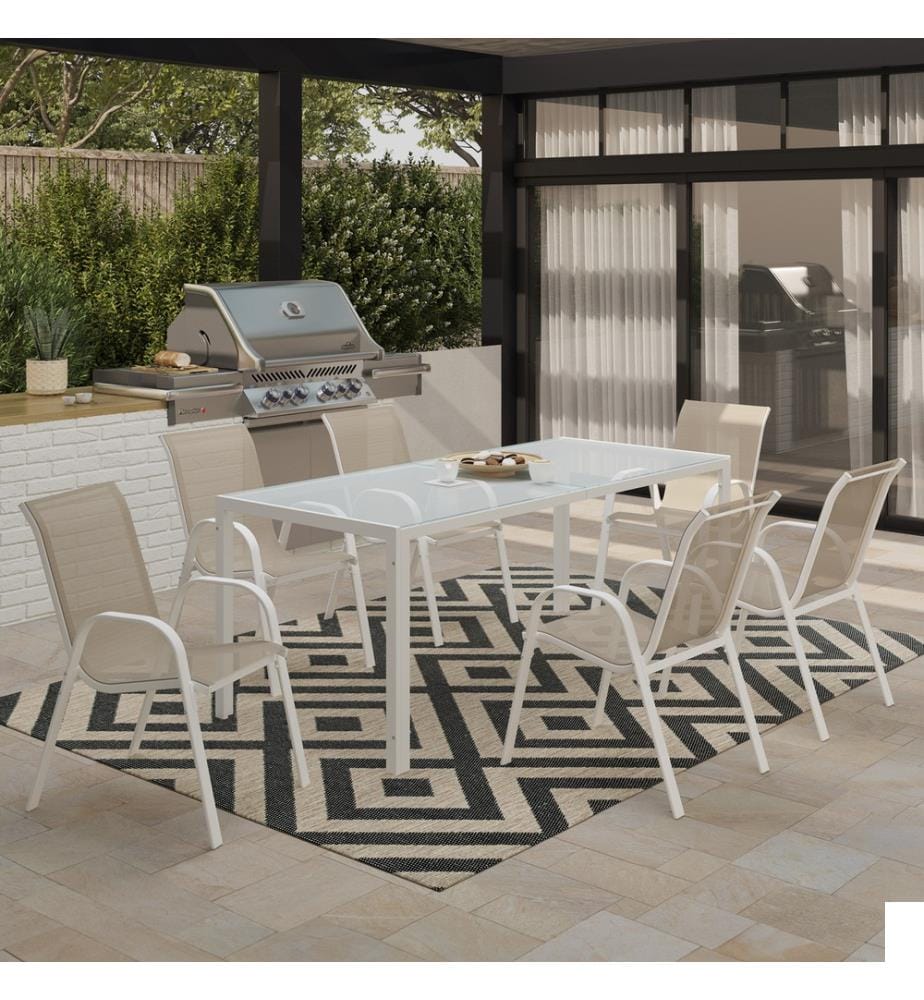 Lot de 6 Chaises de Jardin Empilables - Blanc et Beige