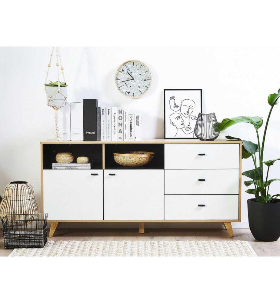 Commode Buffet Effet Bois Clair avec 2 Compartiments à Portes et 3 Tiroirs Blancs Meuble de Rangement Élégant pour Intérieur Scandinave
