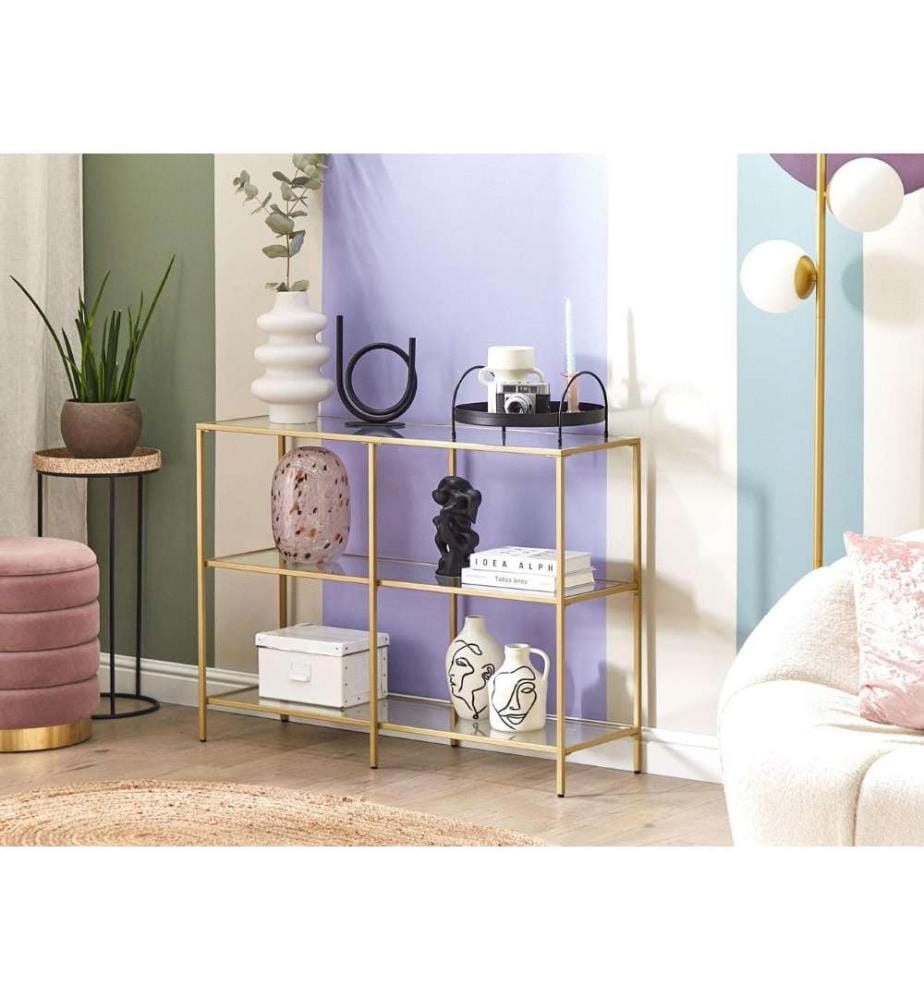 Table Console Dorée et Transparente Plateau de Verre Trempé et Cadre d'Acier 73x100x30 cm Style Glamour avec Patins de Protection