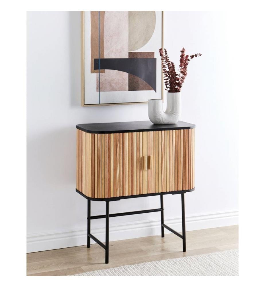 Commode à 2 Portes Coulissantes en Bois de Paulownia et MDF Ton Clair et Noir Carney