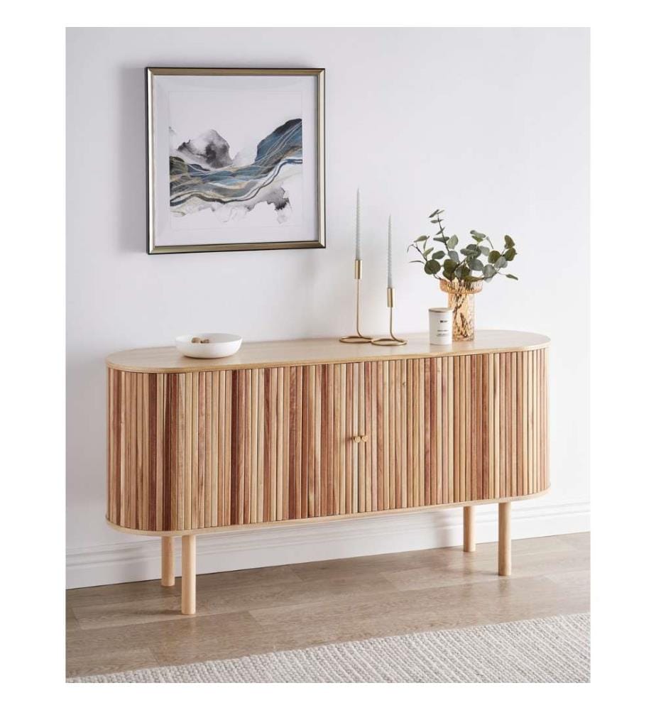 Commode à 2 Portes Coulissantes en Bois de Paulownia MDF Bois de Pin Ton Clair 75 cm Manara
