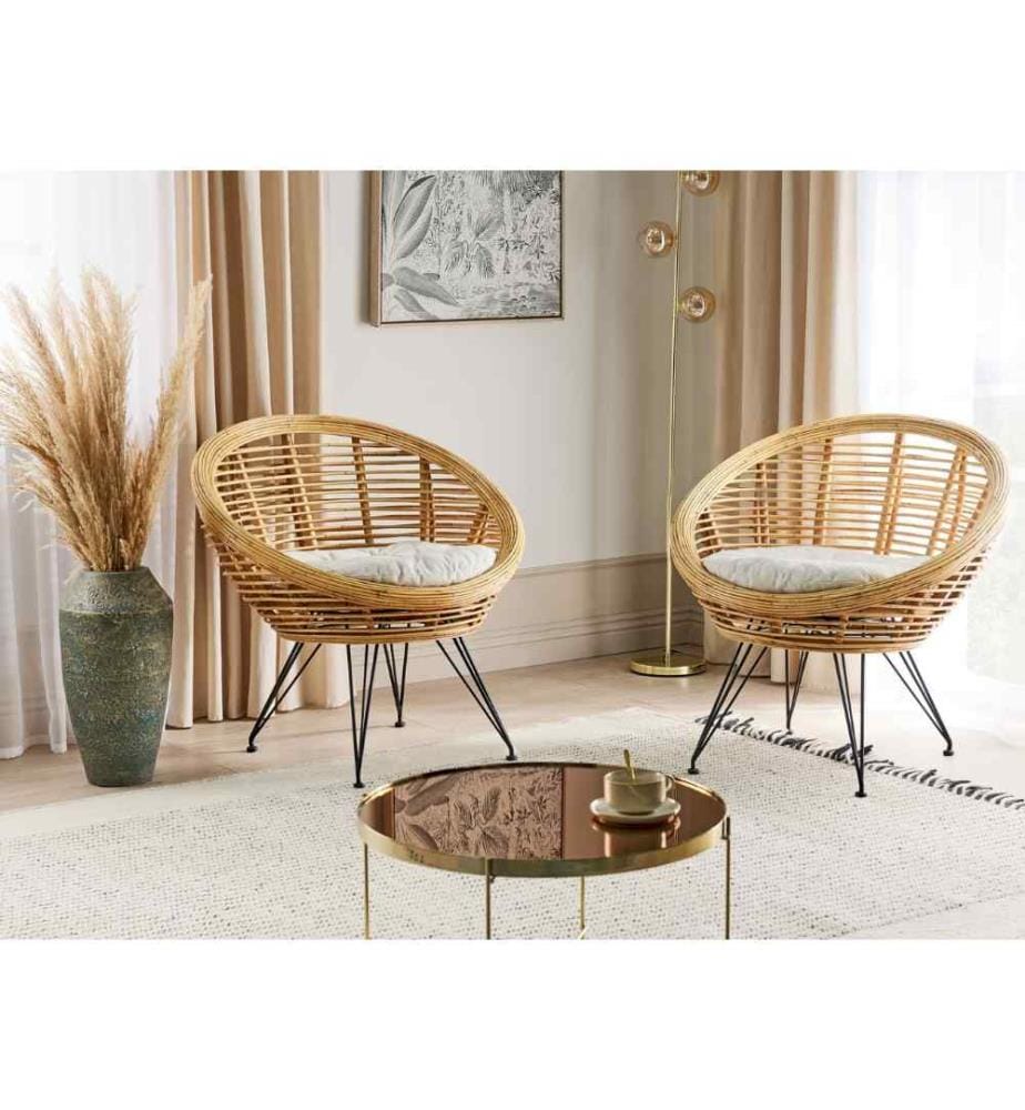 Lot de 2 chaises de jardin avec coussins MARATEA Rotin Naturel