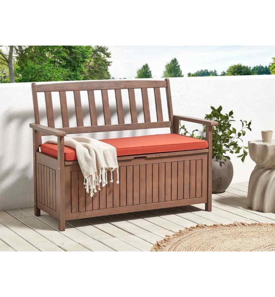 Banc avec coussin d'assise SOVANA 120 cm avec rangement Acacia Rouge