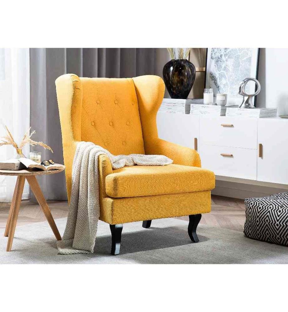 Fauteuil Haut Dossier Type Bergère Tapissé en Tissu Jaune et Capitonné pour Salon Style Vintage Rétro et Scandinave