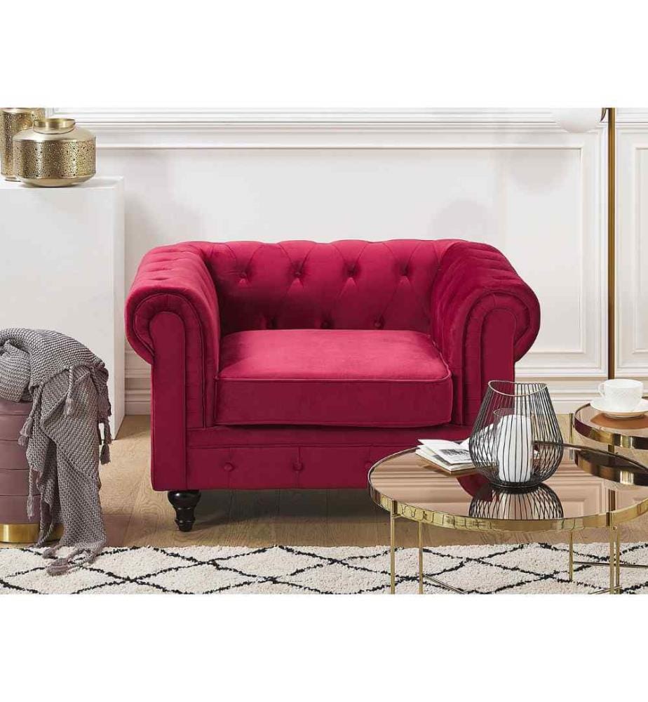 Fauteuil CHESTERFIELD Velours Rouge Bordeaux