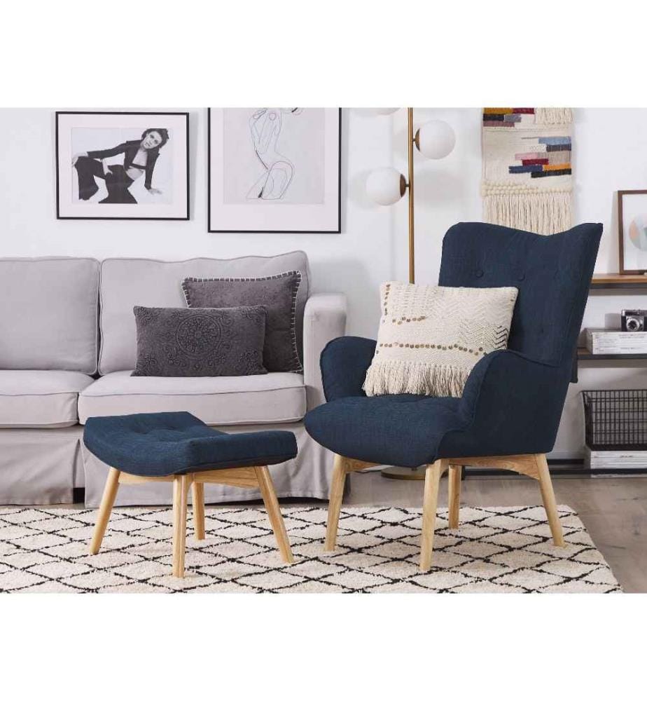 Fauteuil Tapissé en Tissu Bleu Foncé avec Repose-pied Design Scandinave et Confort Optimal pour Salon ou Coin Lecture