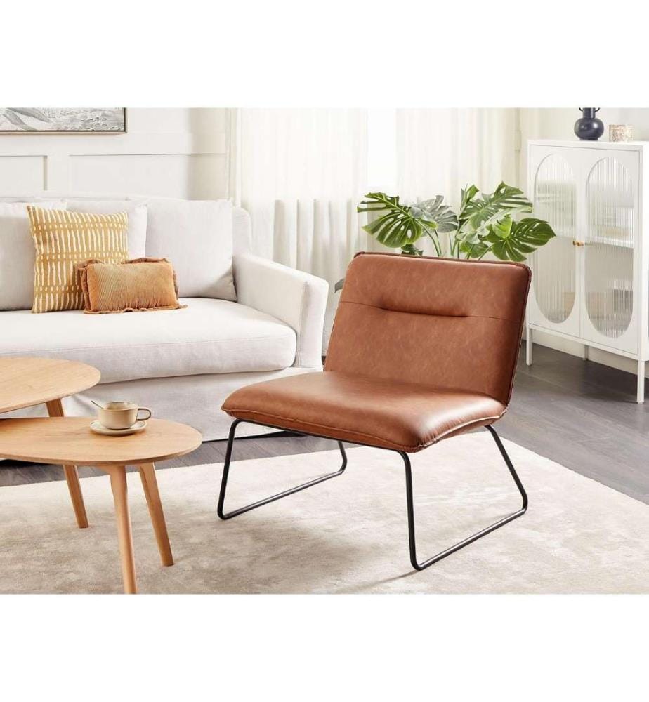 Fauteuil Brun en Cuir PU sans Accoudoirs Chaise de Direction Confortable Assise Large Style Vintage Piètement Ecarté