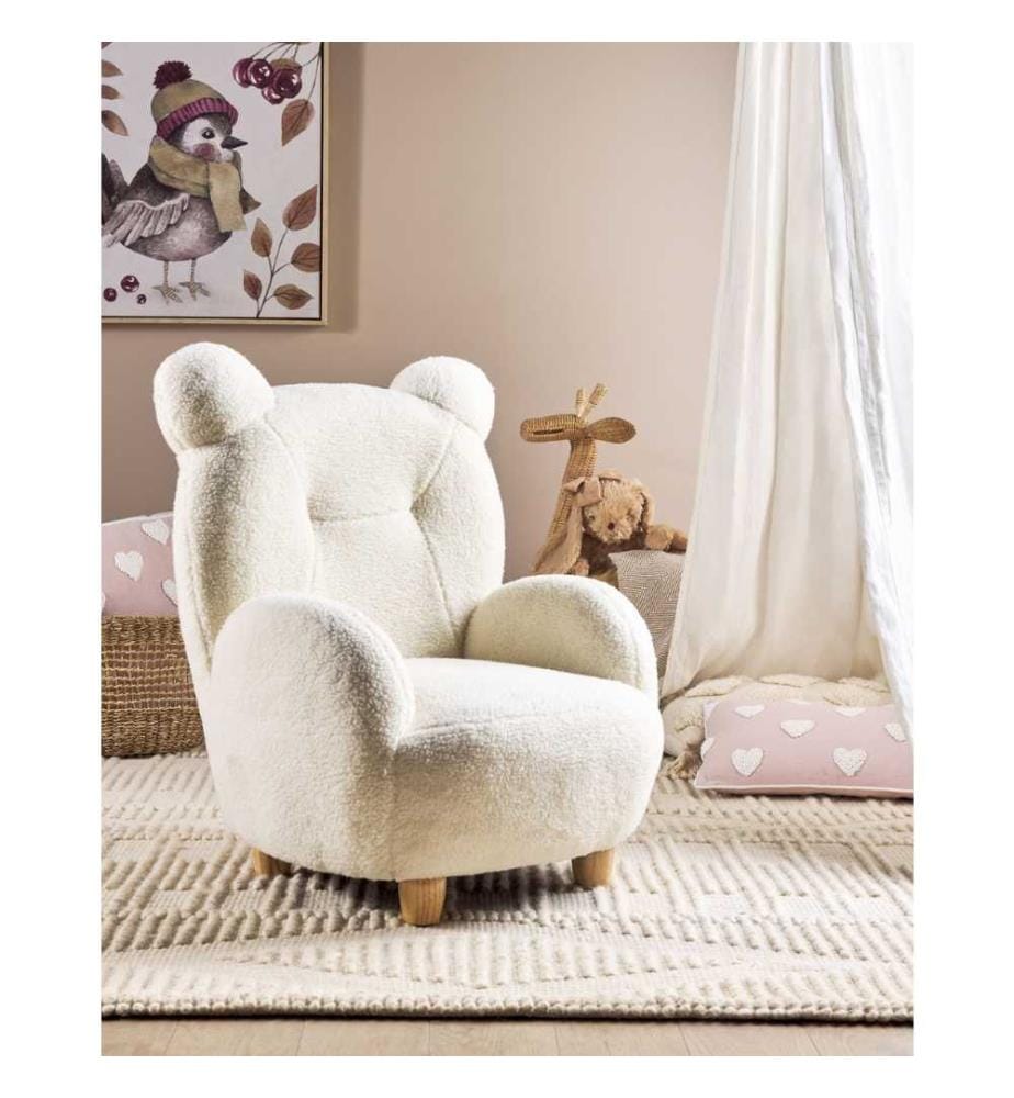 Fauteuil pour Enfant en Forme d'Ours à Fourrure Synthétique Blanche et Bois Solide Contreplaqué Bois d'Hévéa Assise Ludique Chambre d'Enfant