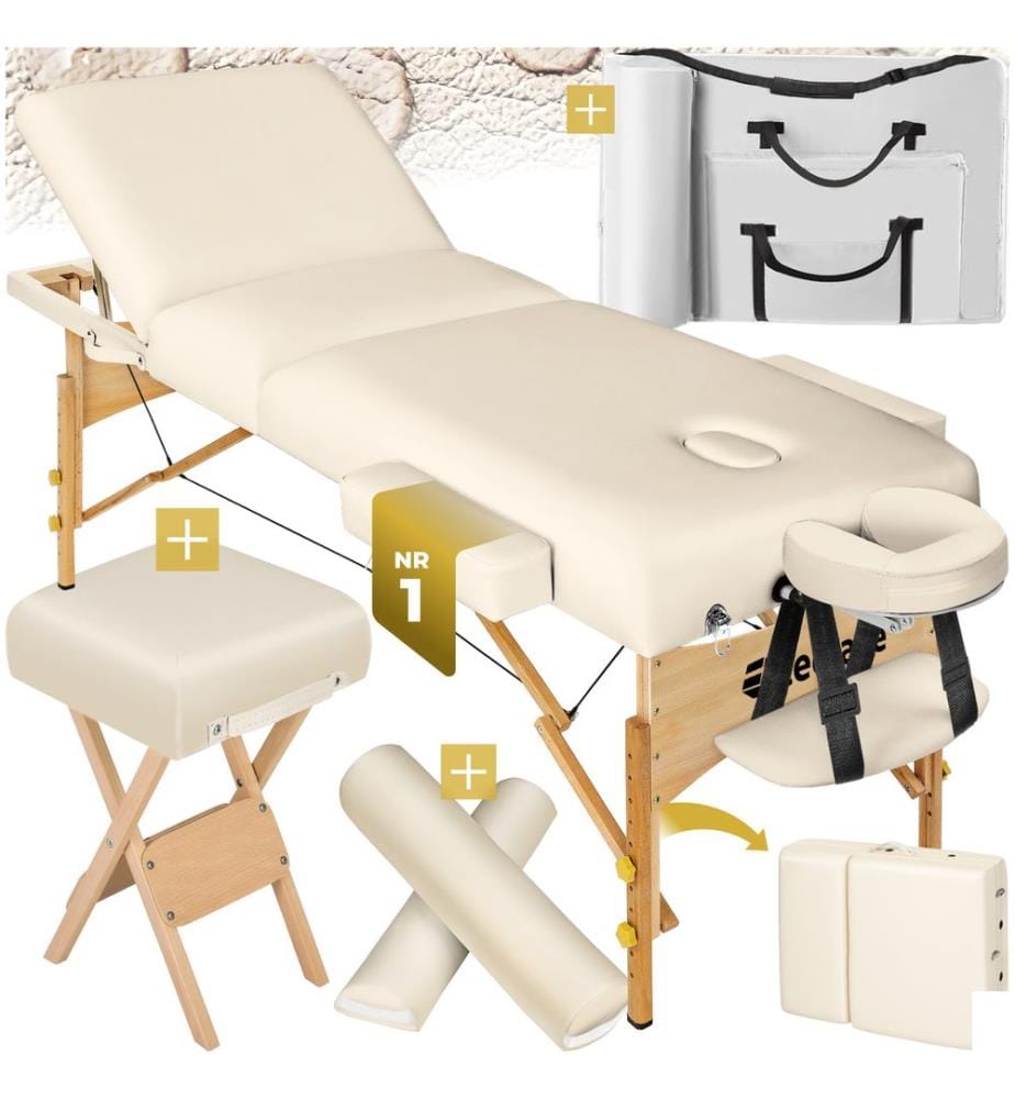 Set de table de massage 3 zones avec rembourrage de 10 cm et châssis en bois - beige